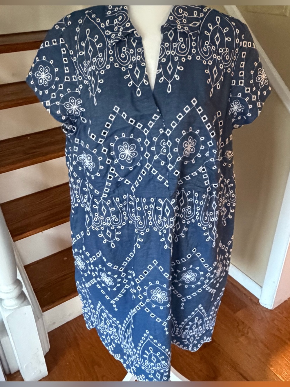 NWT J.Jill Indigo Blue Embroidered Cotton Eyelet Midi Dress XLP Coastal Boho